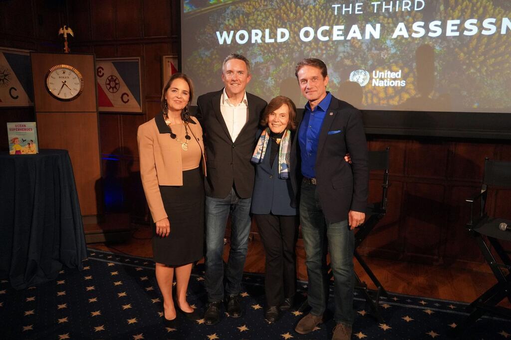 Left to right: Bahia Tahzib-Lie is Ambassador and Deputy Permanent Representative of the Kingdom of the Netherlands, Richard Vevers, Sylvia Earle and Fabien Cousteau at the Explorers Club in New York City.
